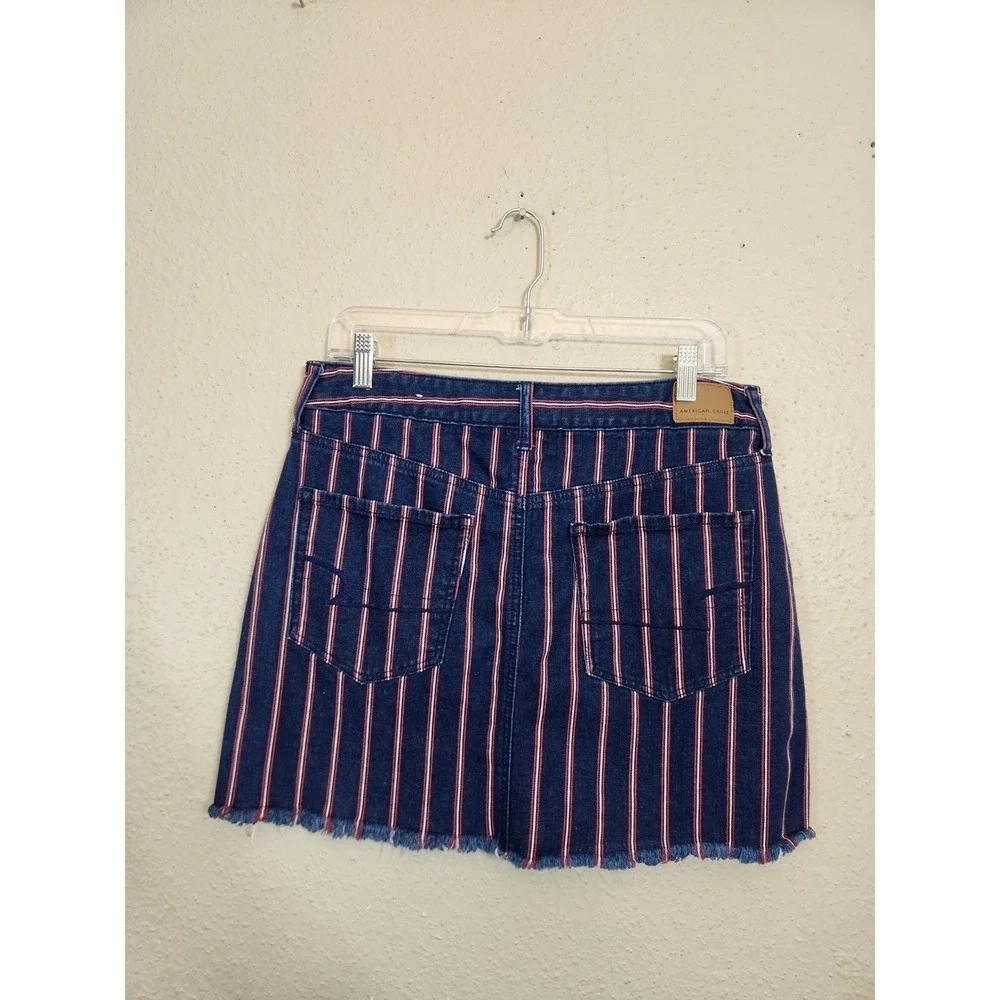 American Eagle Womens 12 Blue Striped Hi-Rise Mini Denim Skirt Super‎ Stretch